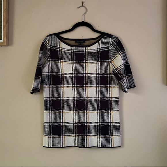 Ann Taylor• black yellow/orange fall plaid wool blend short sleeve top - Picture 6 of 13